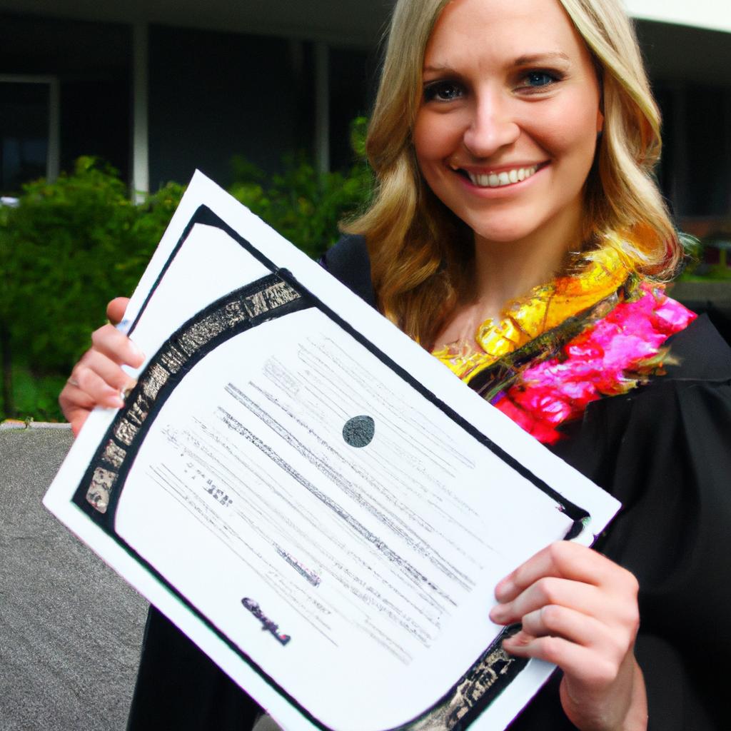 Person holding graduation certificate, smiling
